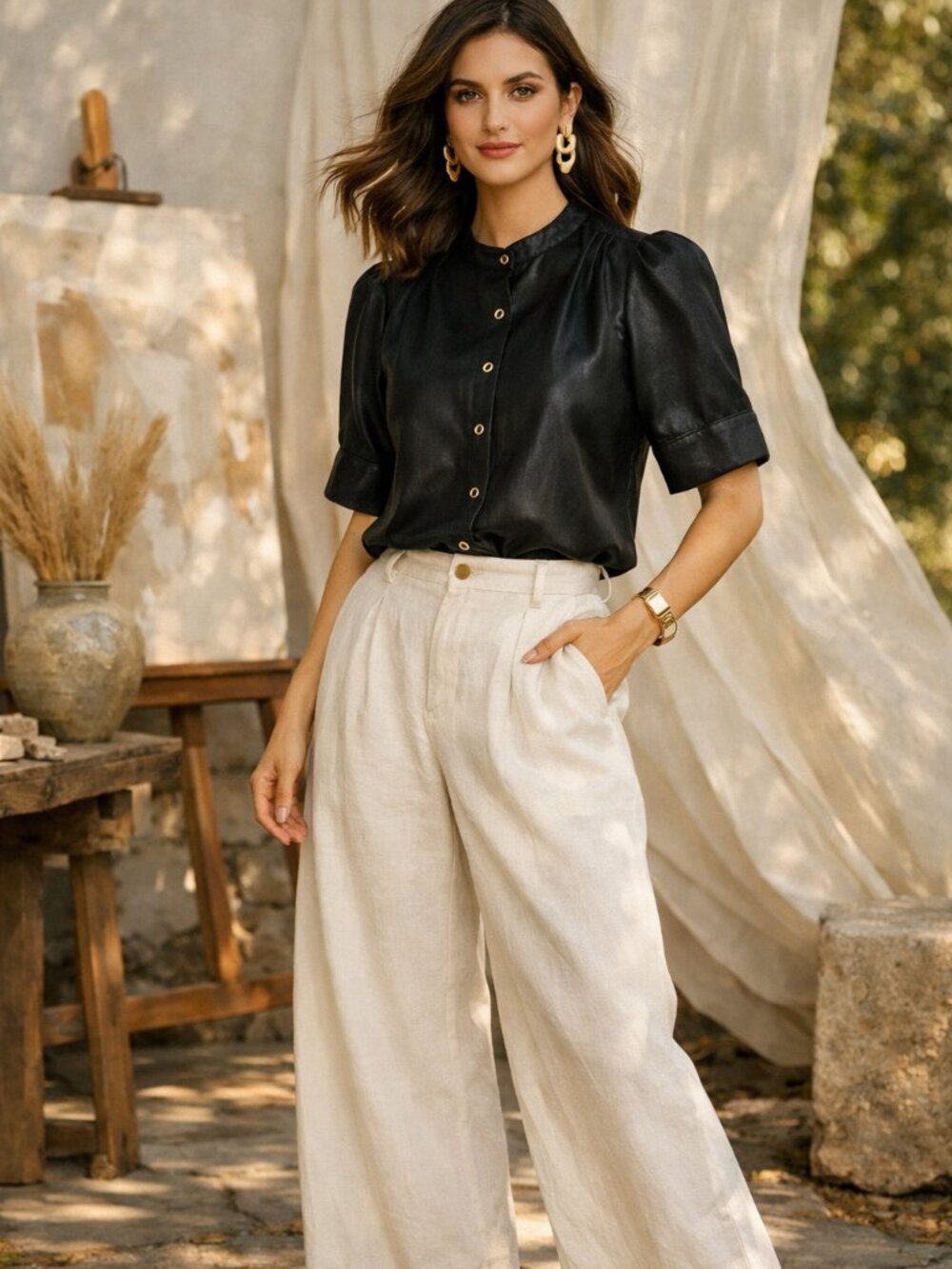 DKNY Faux Leather Puff Short Sleeves Button up Black Top/Blouse